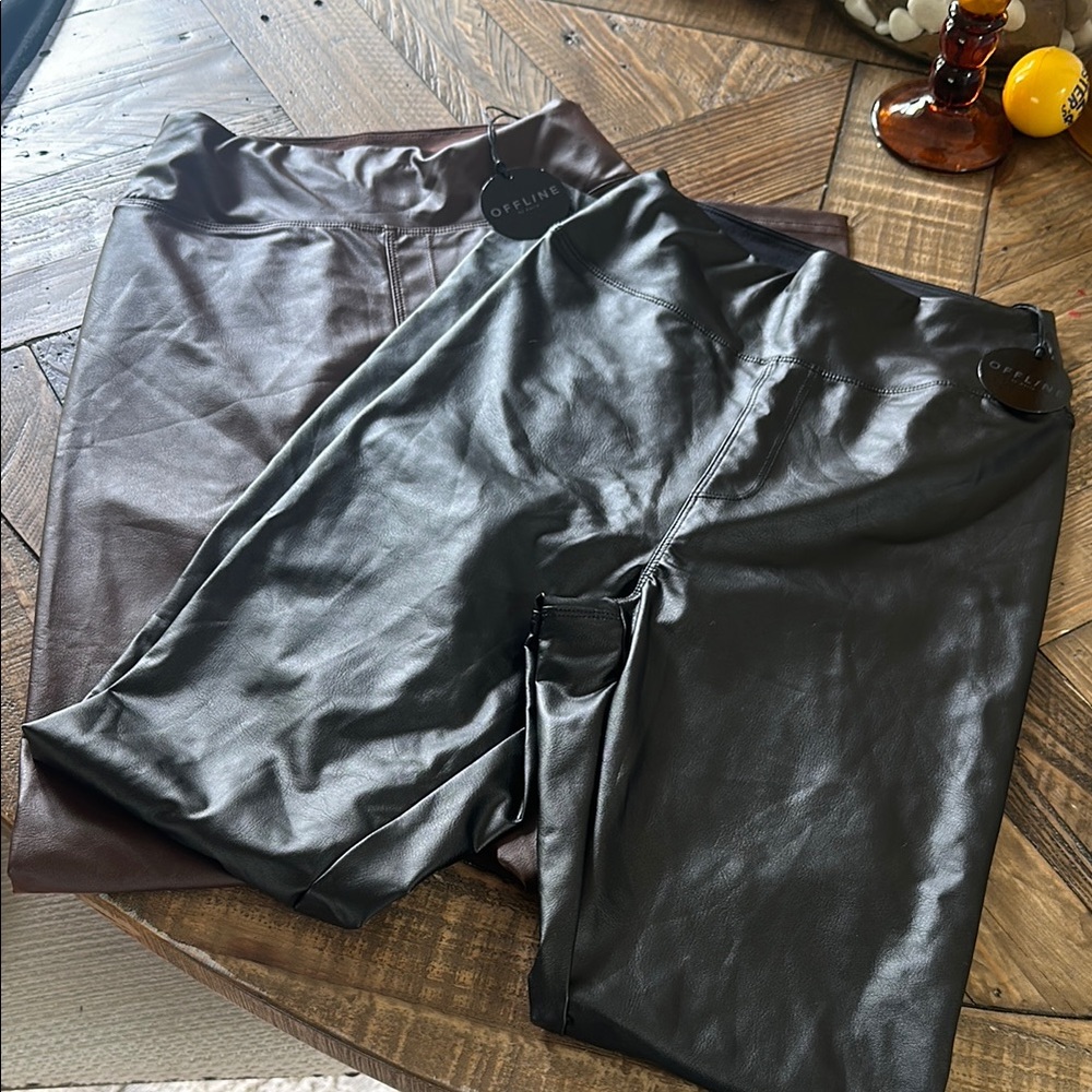 NWT SET - Aerie Offline Black and Brown Faux Leather Leggings